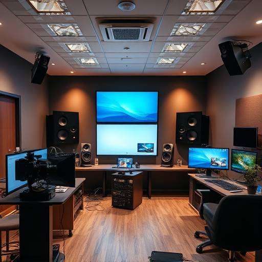 Interior of a professional video editing suite with multiple monitors and editing equipment.