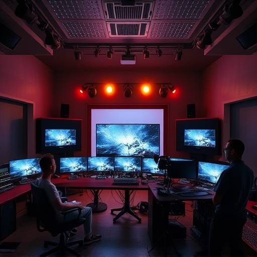 Interior of Aurora Studios' editing suite, showing multiple monitors and editing equipment.