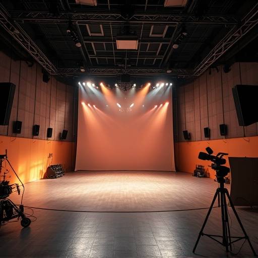 Interior view of Aurora Studios' sound stage, equipped with lighting and sound equipment.