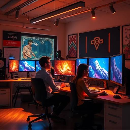 View of Aurora Studios' animation studio, featuring animators working on computers.